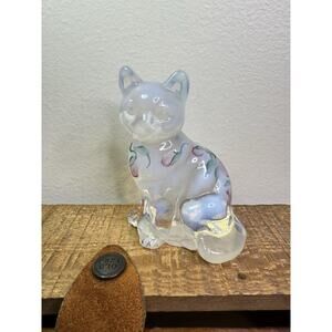 Fenton opalescent glass cat with hand painted purple flowers-VTG